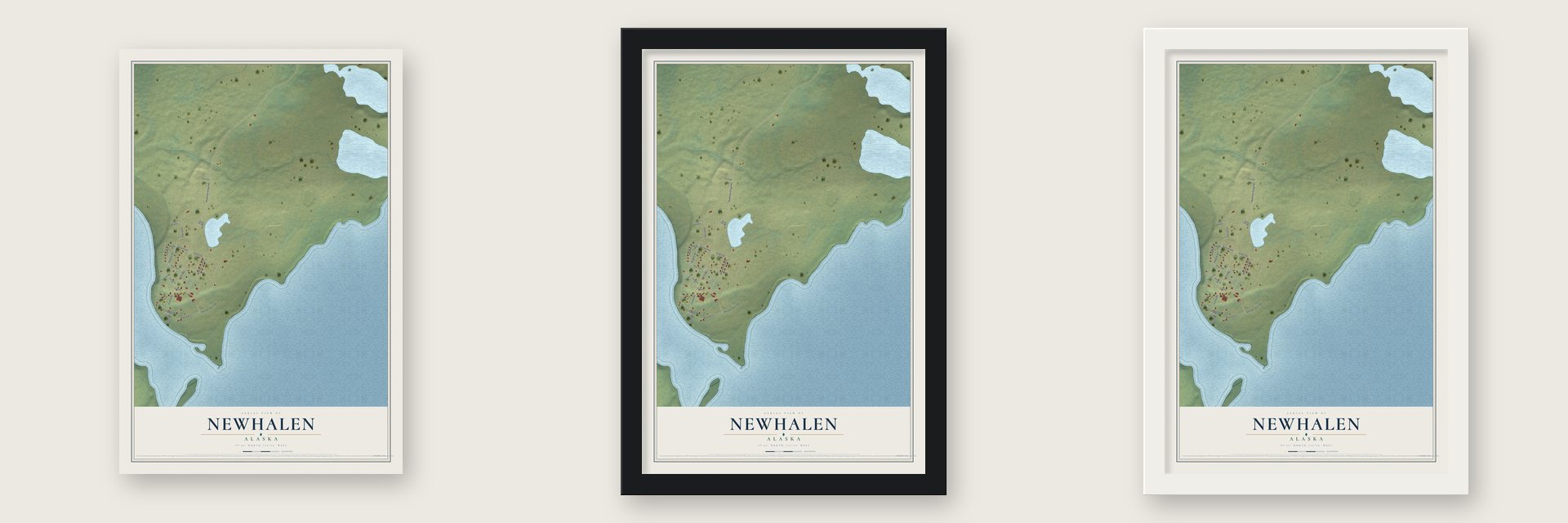 Newhalen, Alaska map unframed, in a black wood frame and in a white wood frame