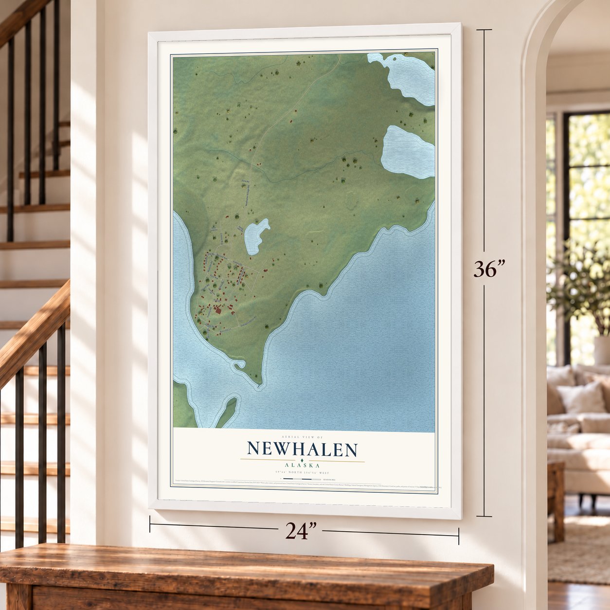 Newhalen, Alaska map, 24 x 36 inch print in a white frame by a staircase