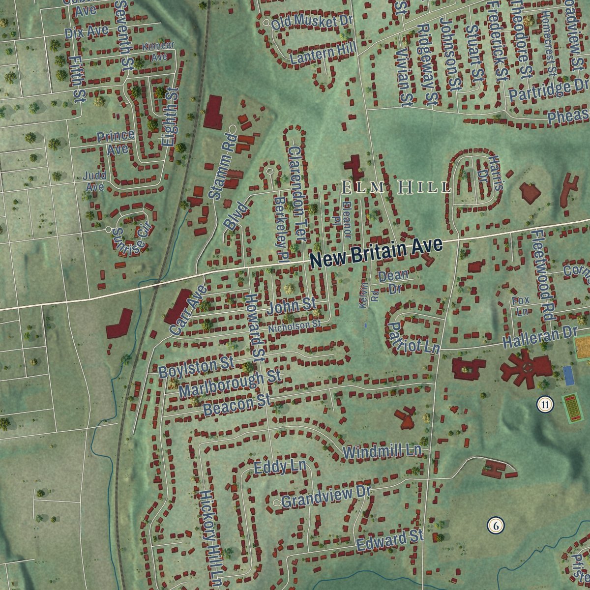 Second close-up of the map of Newington, Connecticut print showing more streets and buildings