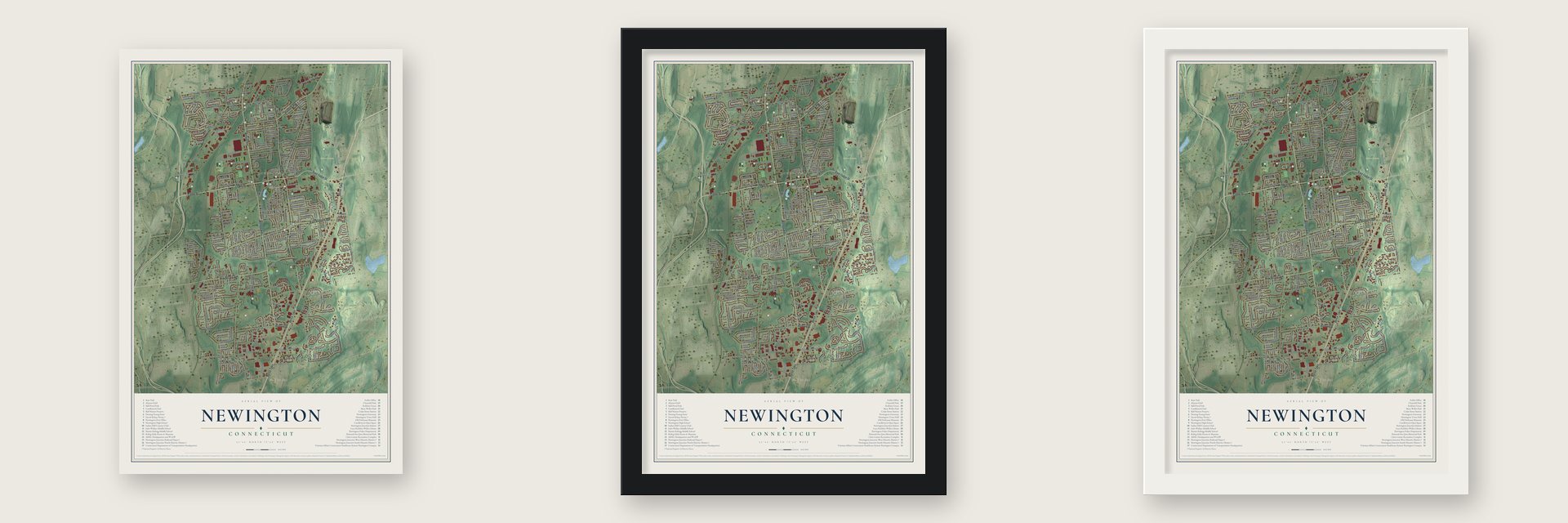 Newington, Connecticut map unframed, in a black wood frame and in a white wood frame