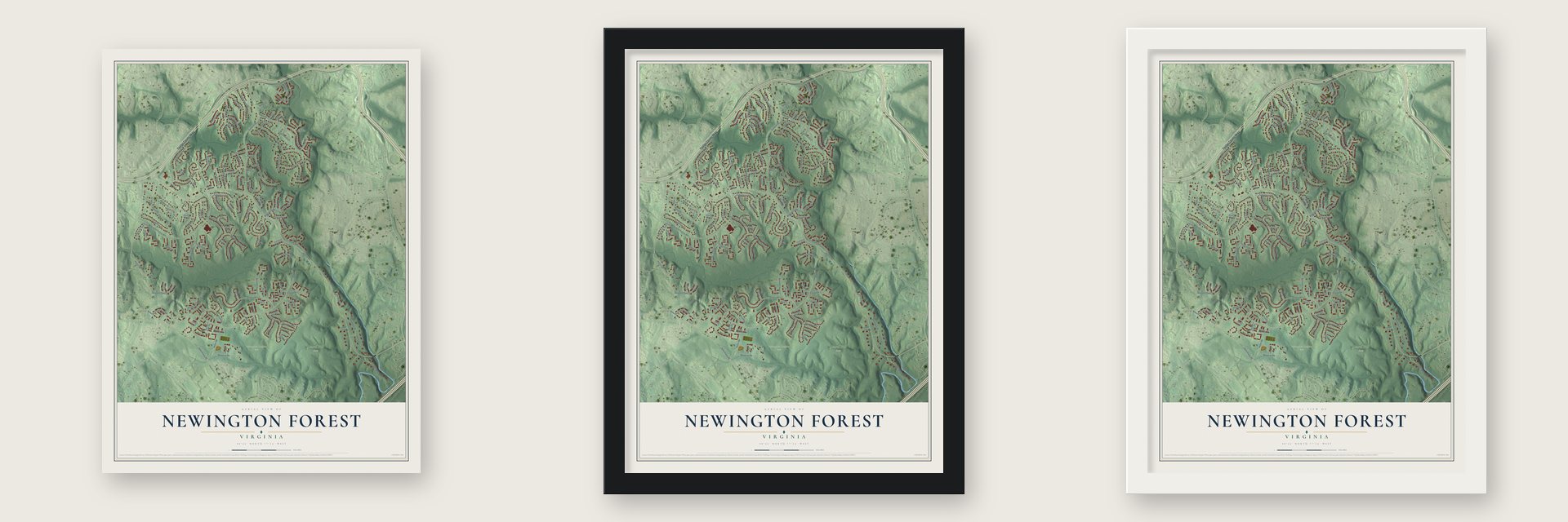 Newington Forest, Virginia map unframed, in a black wood frame and in a white wood frame