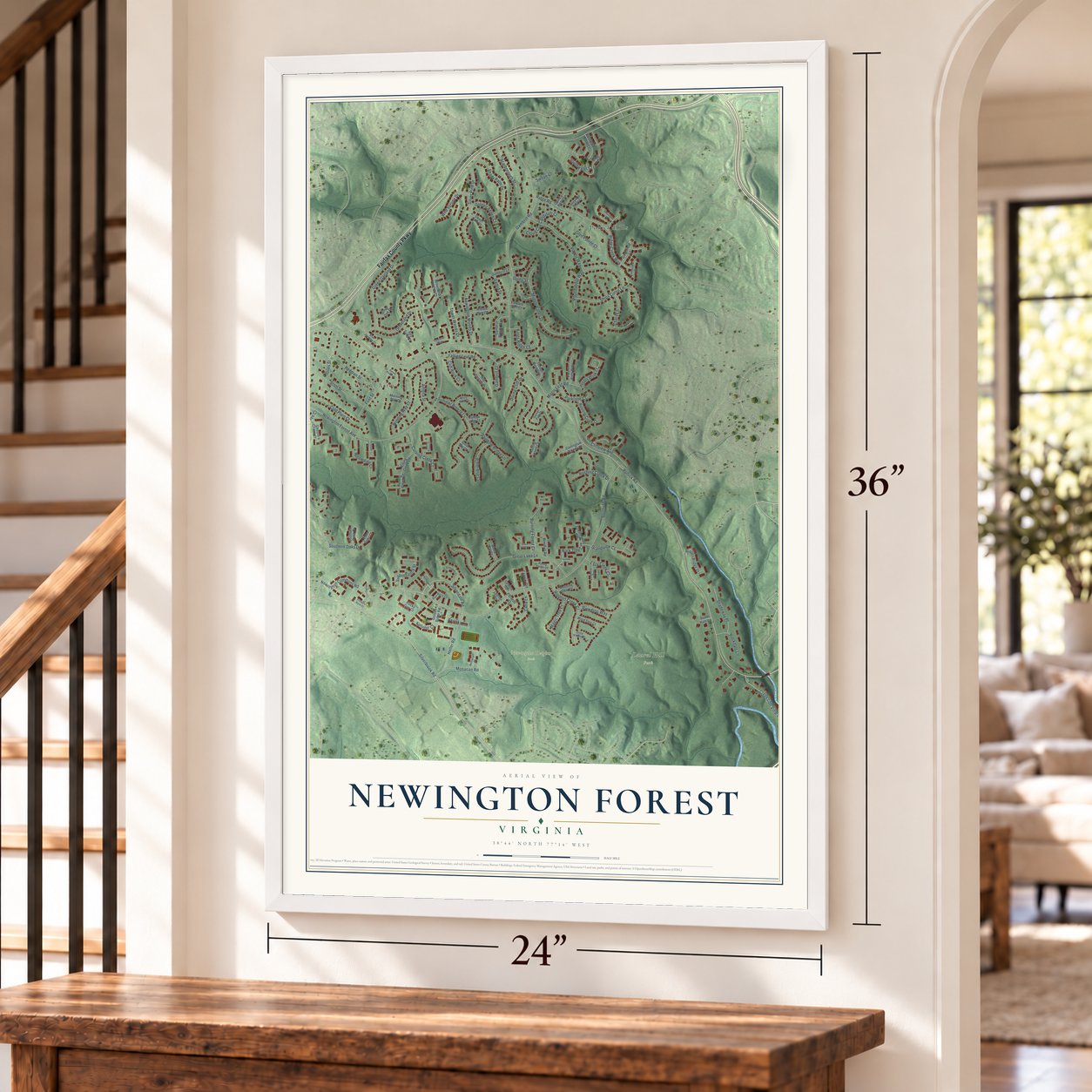 Newington Forest, Virginia map, 24 x 36 inch print in a white frame by a staircase
