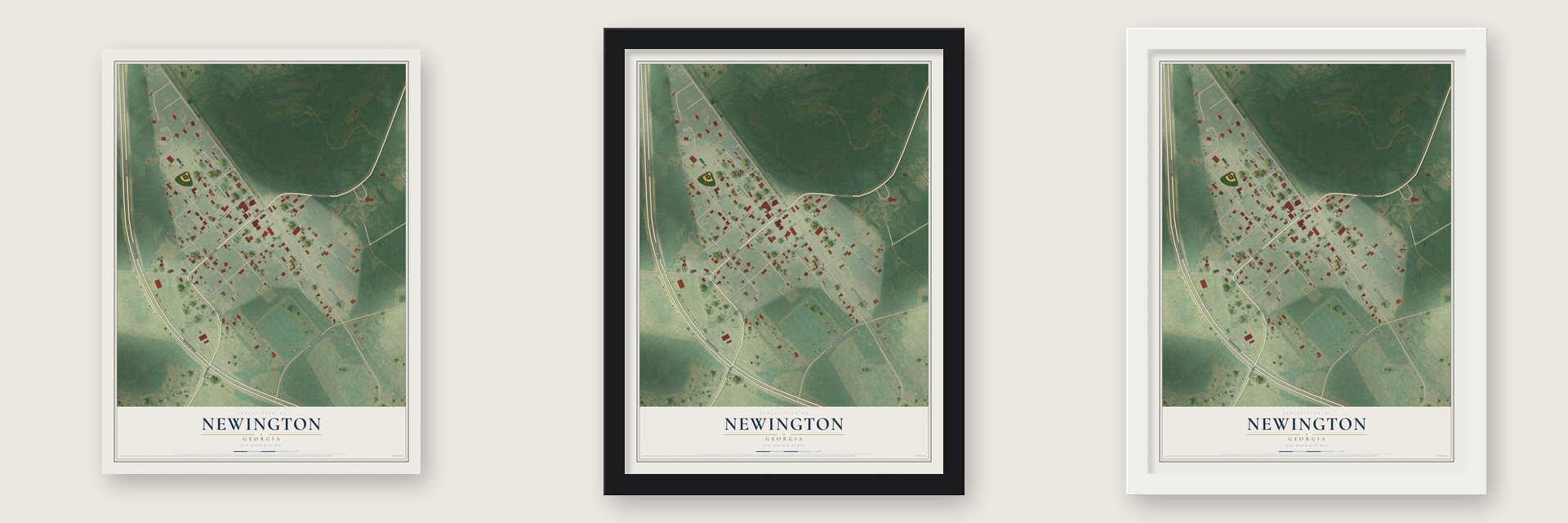 Newington, Georgia map unframed, in a black wood frame and in a white wood frame