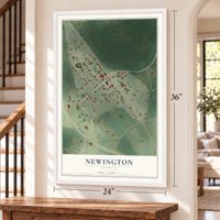 Newington, Georgia map, 24 x 36 inch print in a white frame by a staircase