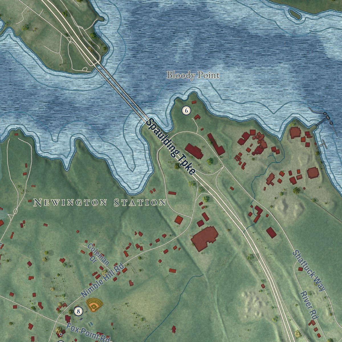 Second close-up of the map of Newington, New Hampshire print showing more streets and buildings