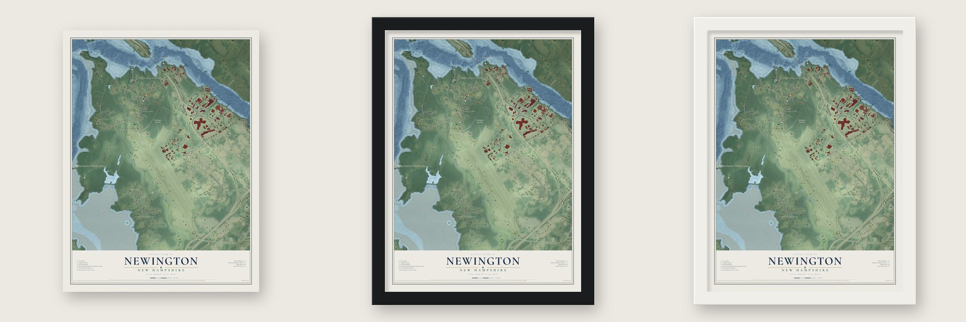 Newington, New Hampshire map unframed, in a black wood frame and in a white wood frame