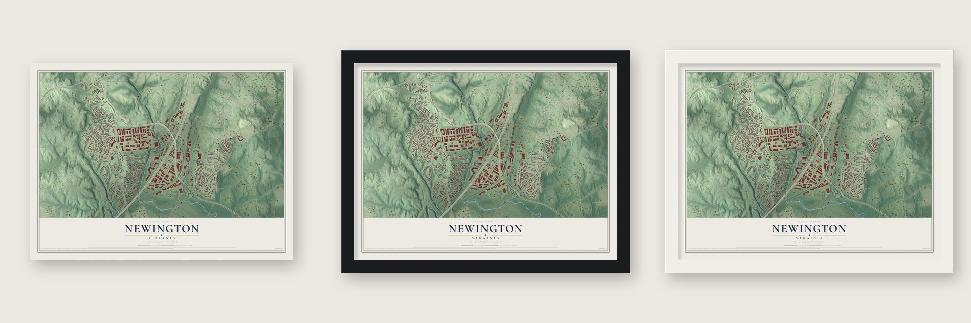 Newington, Virginia map unframed, in a black wood frame and in a white wood frame