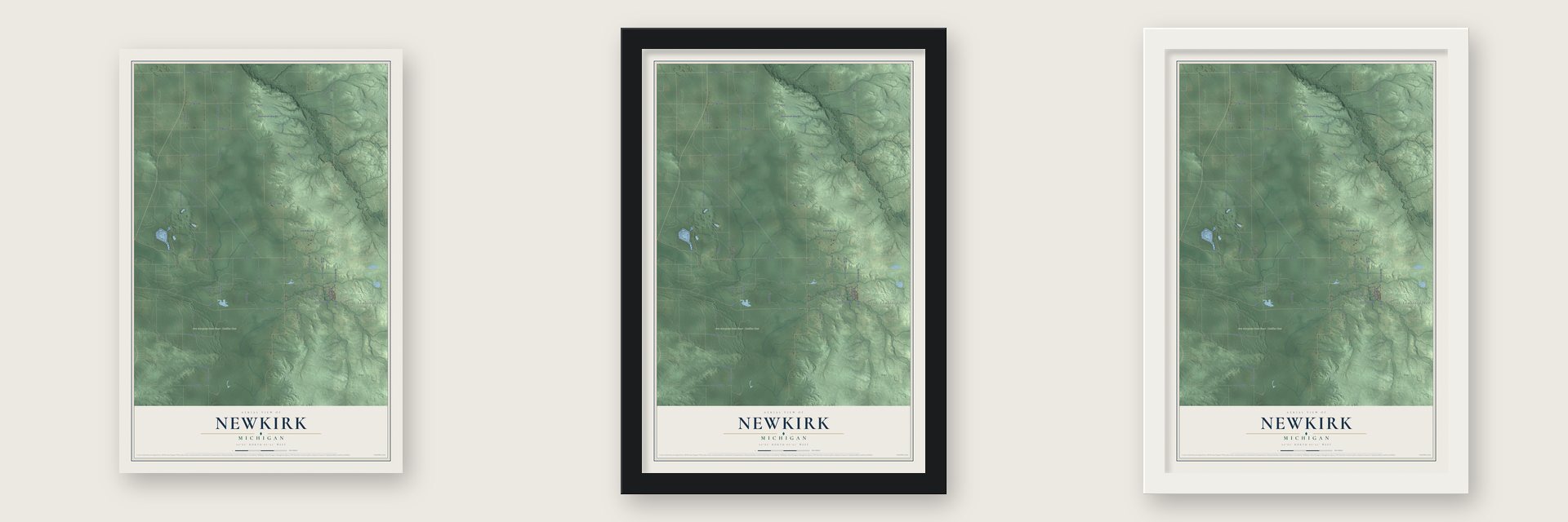 Newkirk, Michigan map unframed, in a black wood frame and in a white wood frame