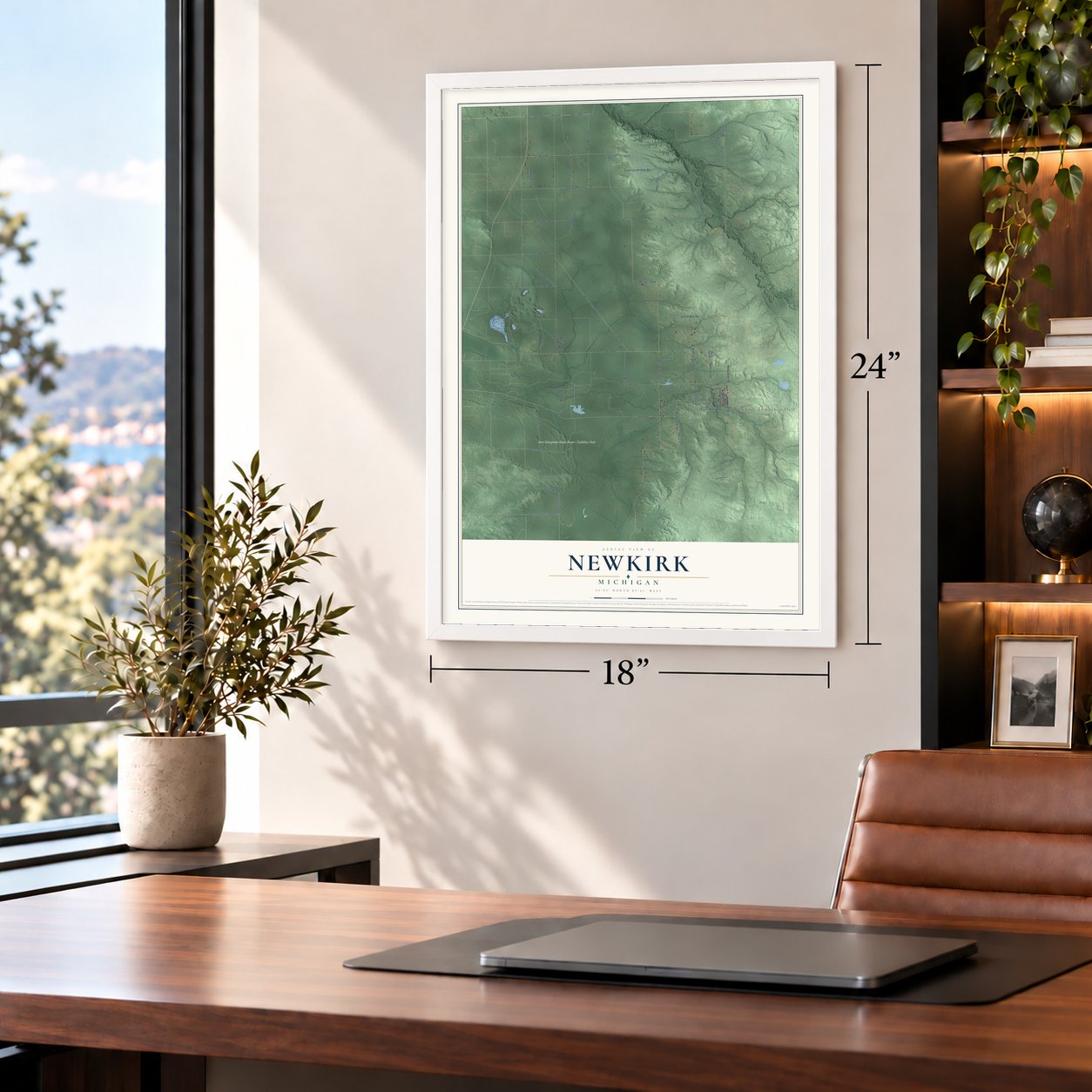 Newkirk, Michigan map, 18 x 24 inch print in a white frame in a home office