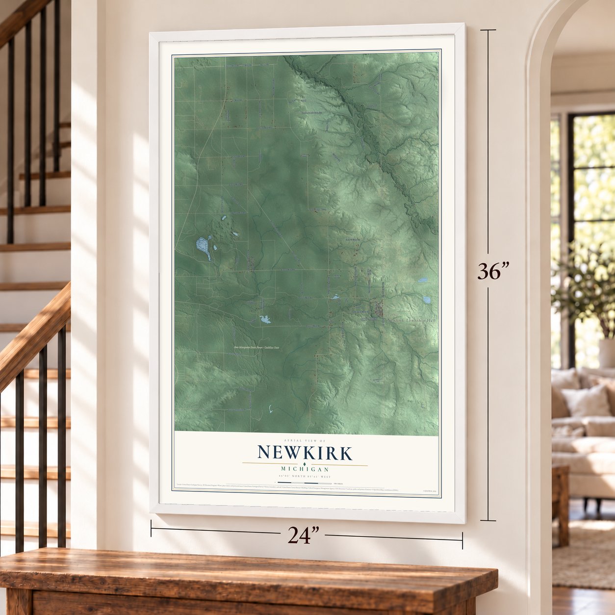 Newkirk, Michigan map, 24 x 36 inch print in a white frame by a staircase