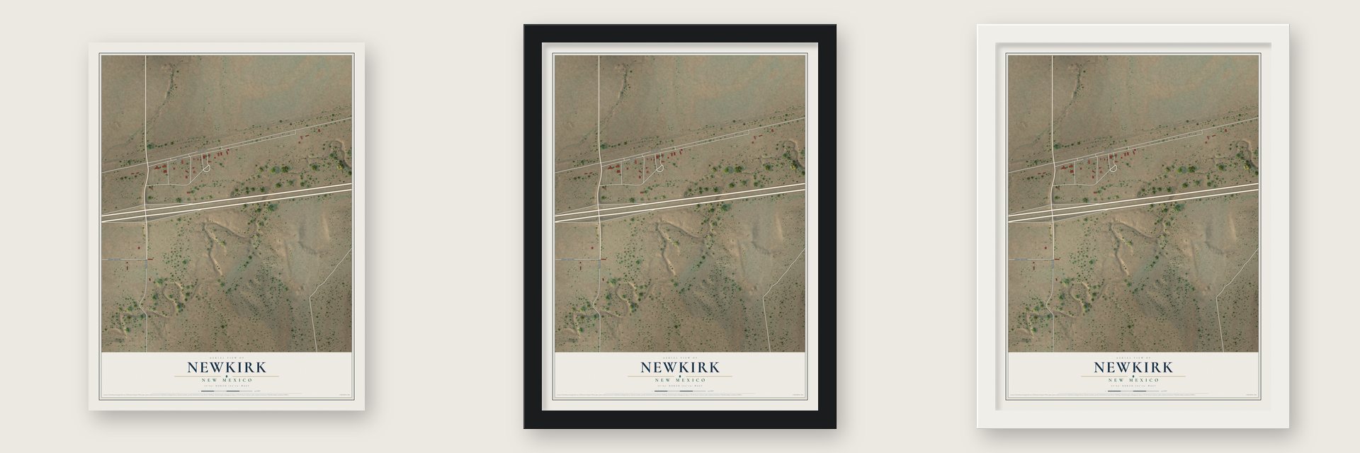 Newkirk, New Mexico map unframed, in a black wood frame and in a white wood frame