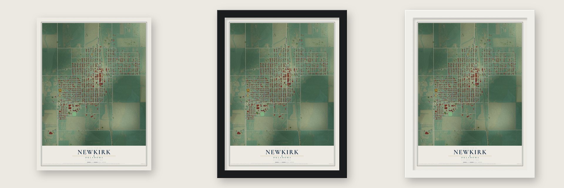 Newkirk, Oklahoma map unframed, in a black wood frame and in a white wood frame