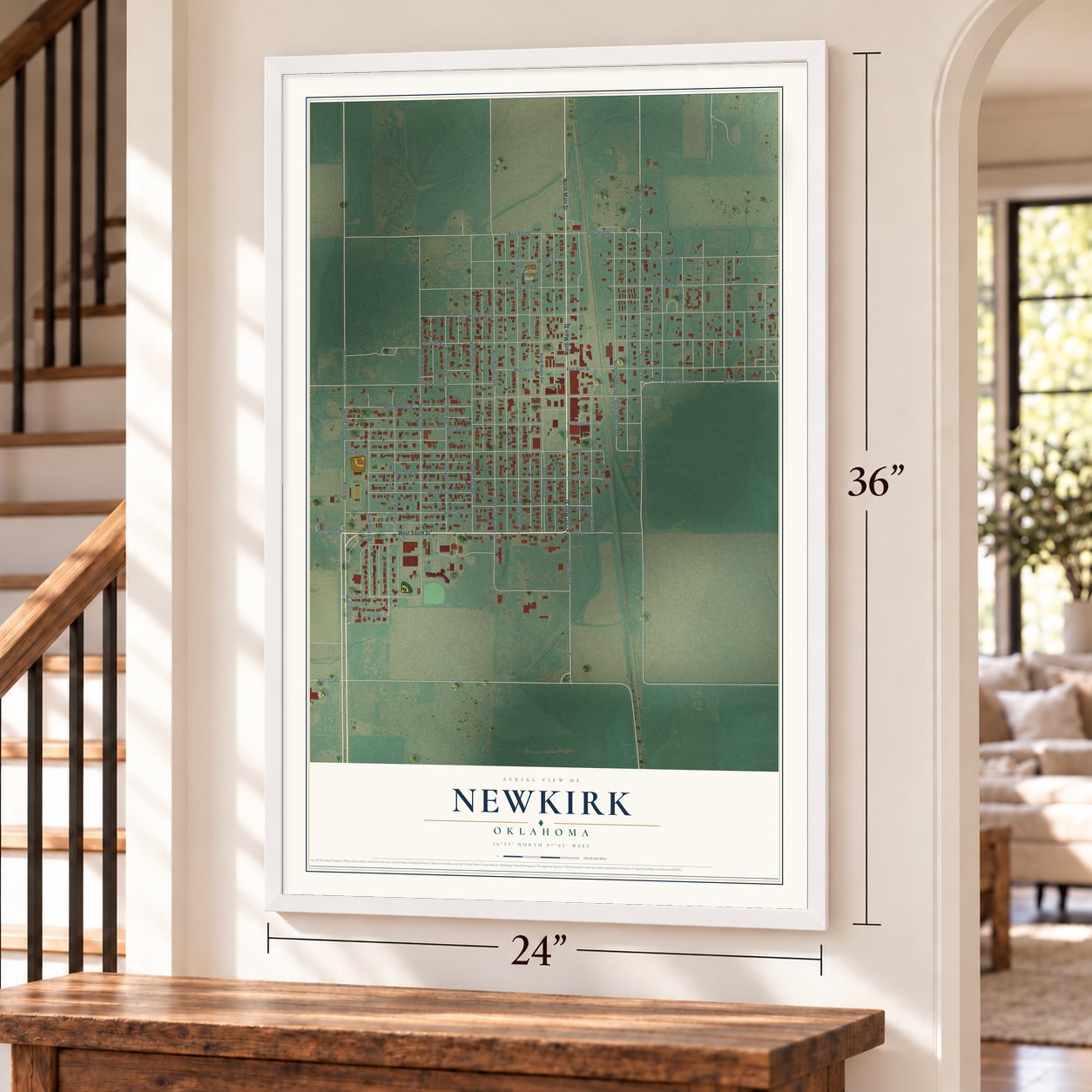 Newkirk, Oklahoma map, 24 x 36 inch print in a white frame by a staircase