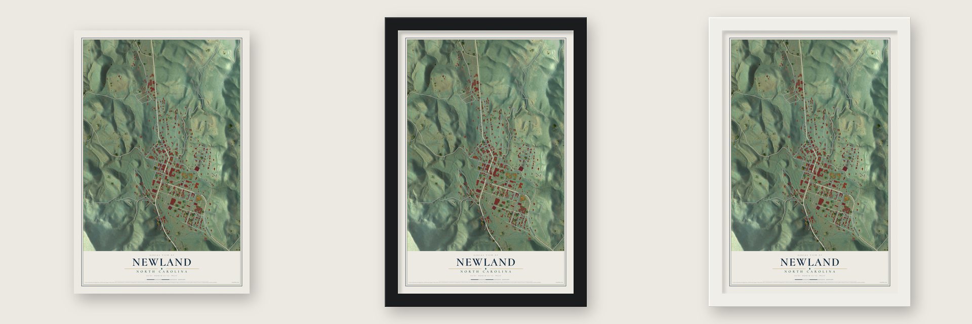 Newland, North Carolina map unframed, in a black wood frame and in a white wood frame