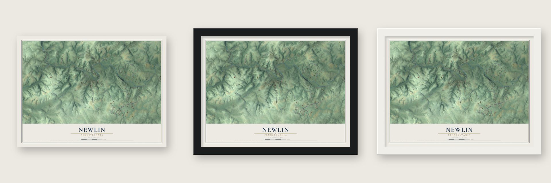 Newlin, Pennsylvania map unframed, in a black wood frame and in a white wood frame