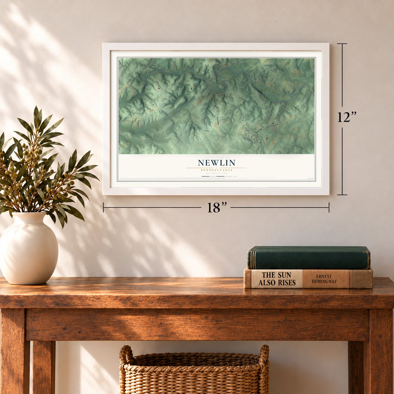 Newlin, Pennsylvania map, 12 x 18 inch print in a white frame in an entryway