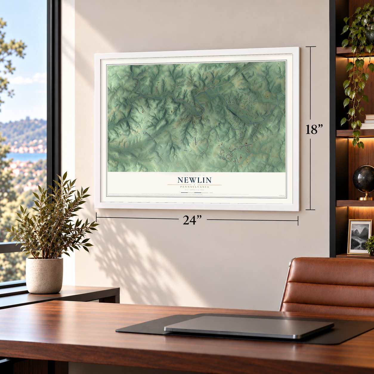 Newlin, Pennsylvania map, 18 x 24 inch print in a white frame in a home office