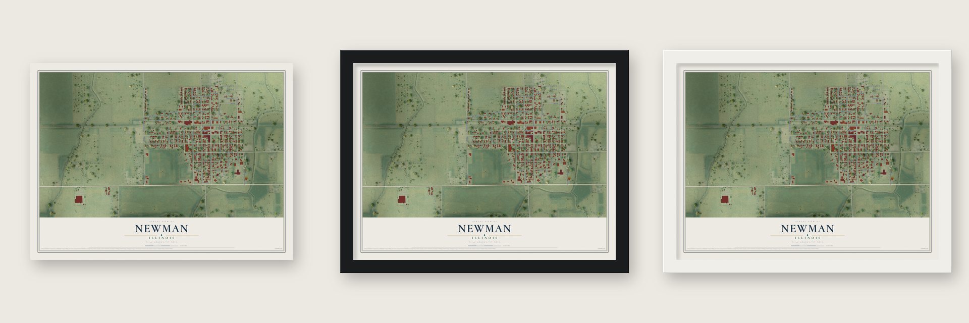 Newman, Illinois map unframed, in a black wood frame and in a white wood frame