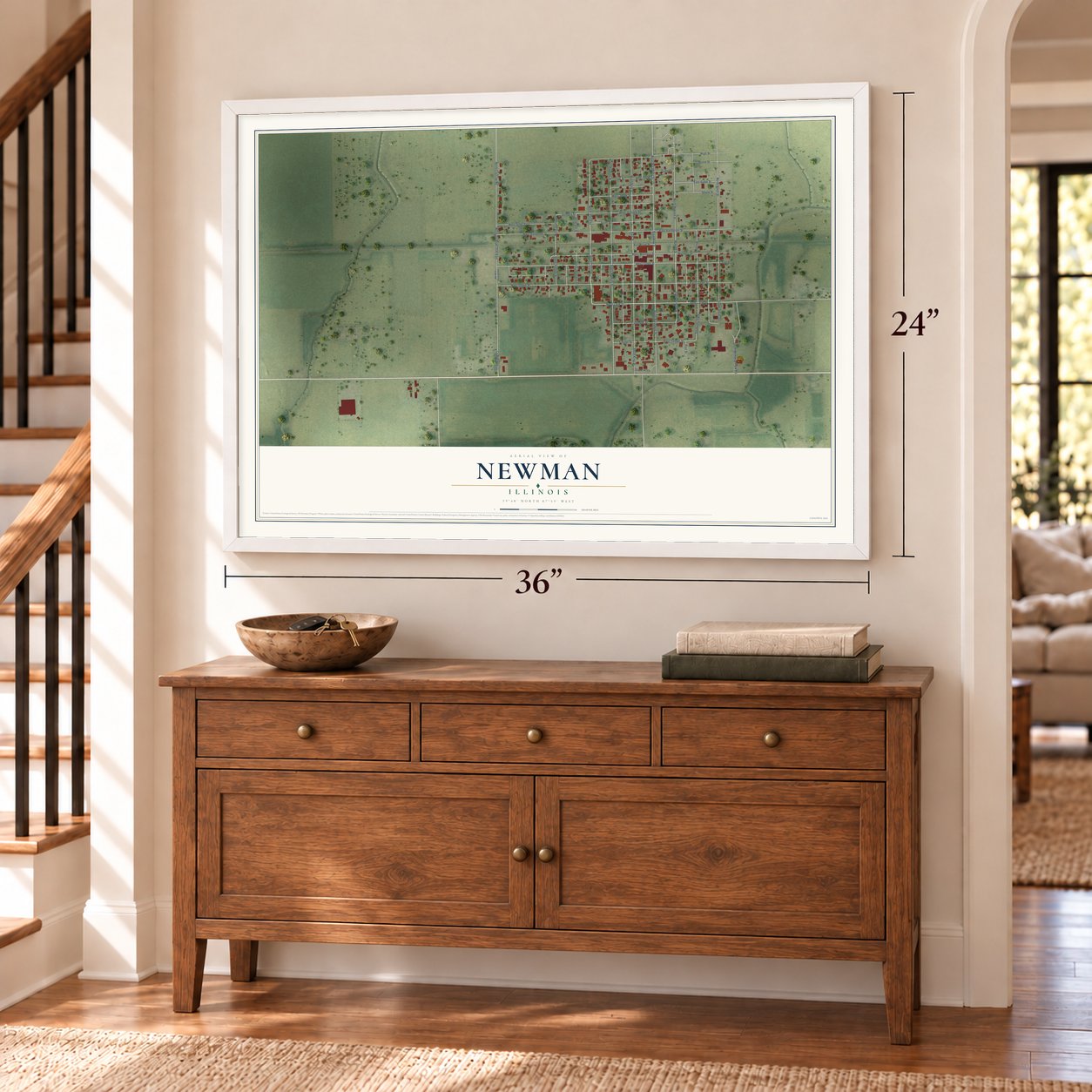 Newman, Illinois map, 24 x 36 inch print in a white frame above a dresser by a staircase