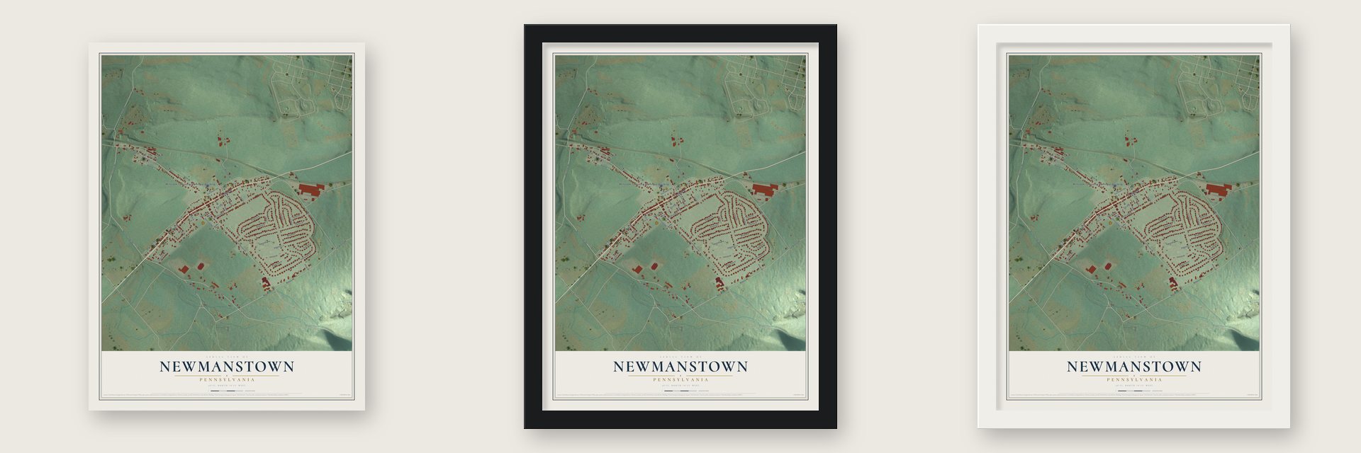 Newmanstown, Pennsylvania map unframed, in a black wood frame and in a white wood frame