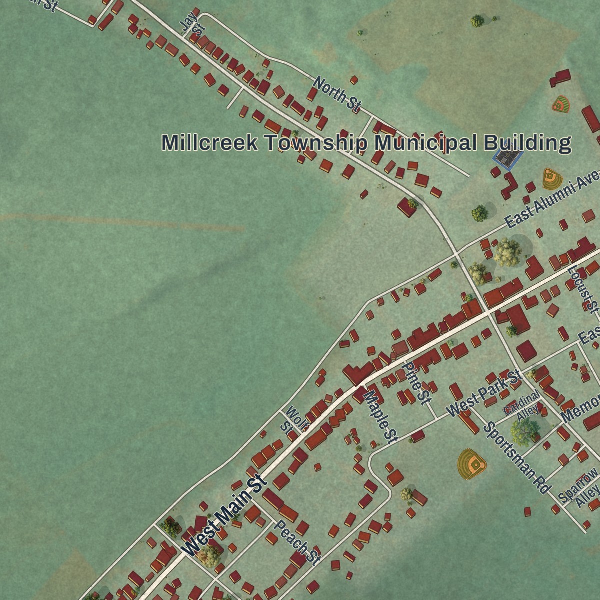 Second close-up of the map of Newmanstown, Pennsylvania print showing more streets and buildings