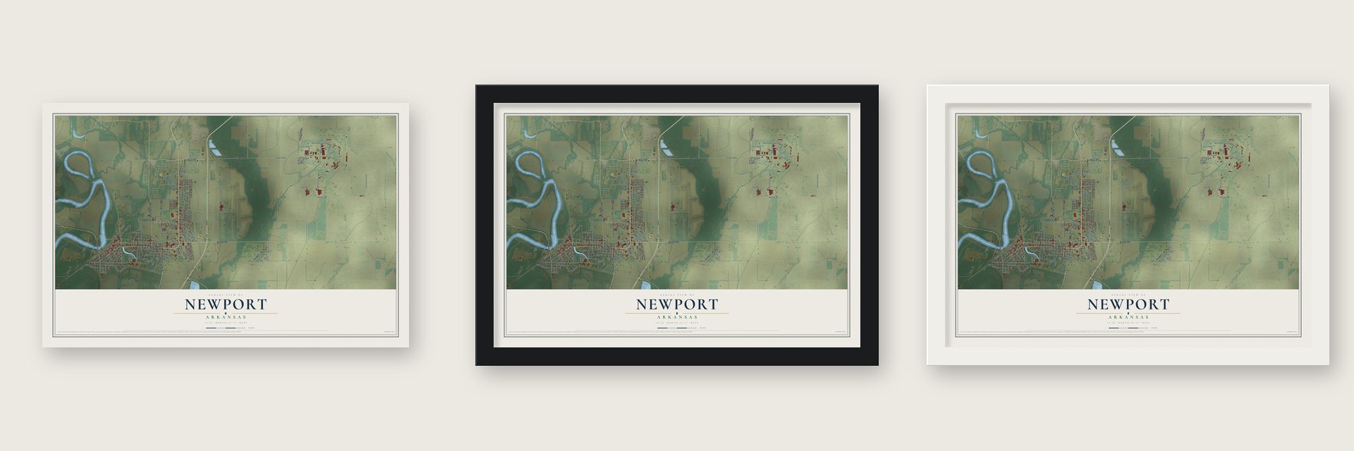 Newport, Arkansas map unframed, in a black wood frame and in a white wood frame