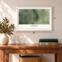 Newport, Arkansas map, 12 x 18 inch print in a white frame in an entryway