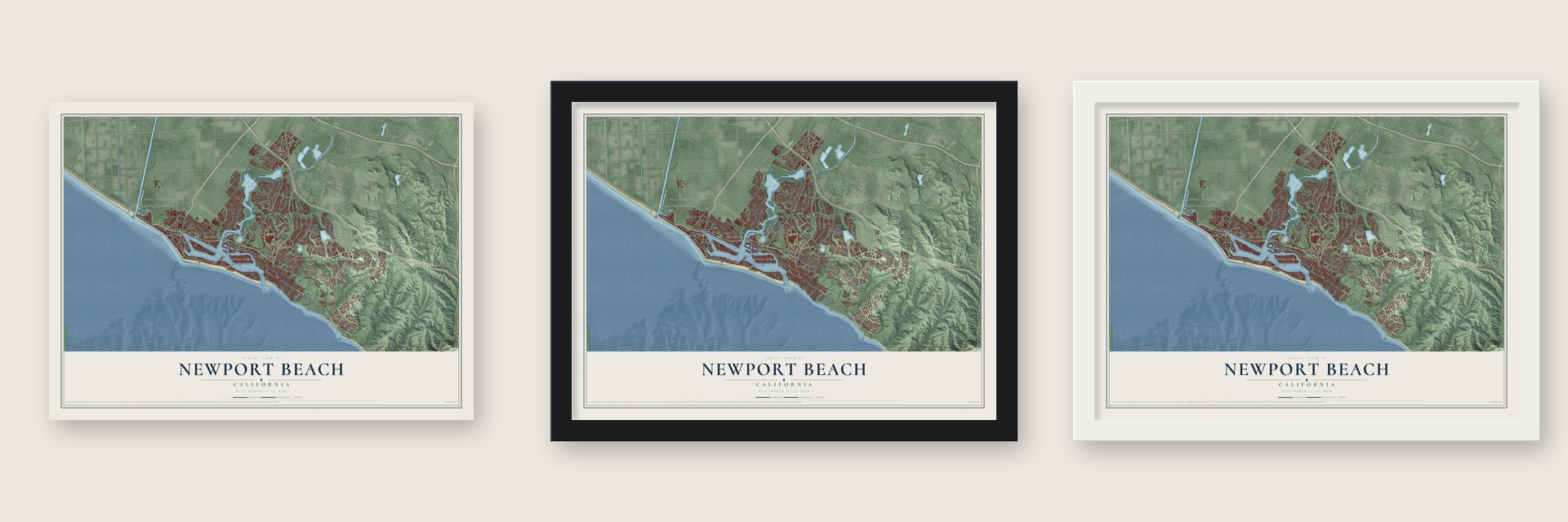Newport Beach, California map unframed, in a black wood frame and in a white wood frame