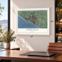 Newport Beach, California map, 18 x 24 inch print in a white frame in a home office