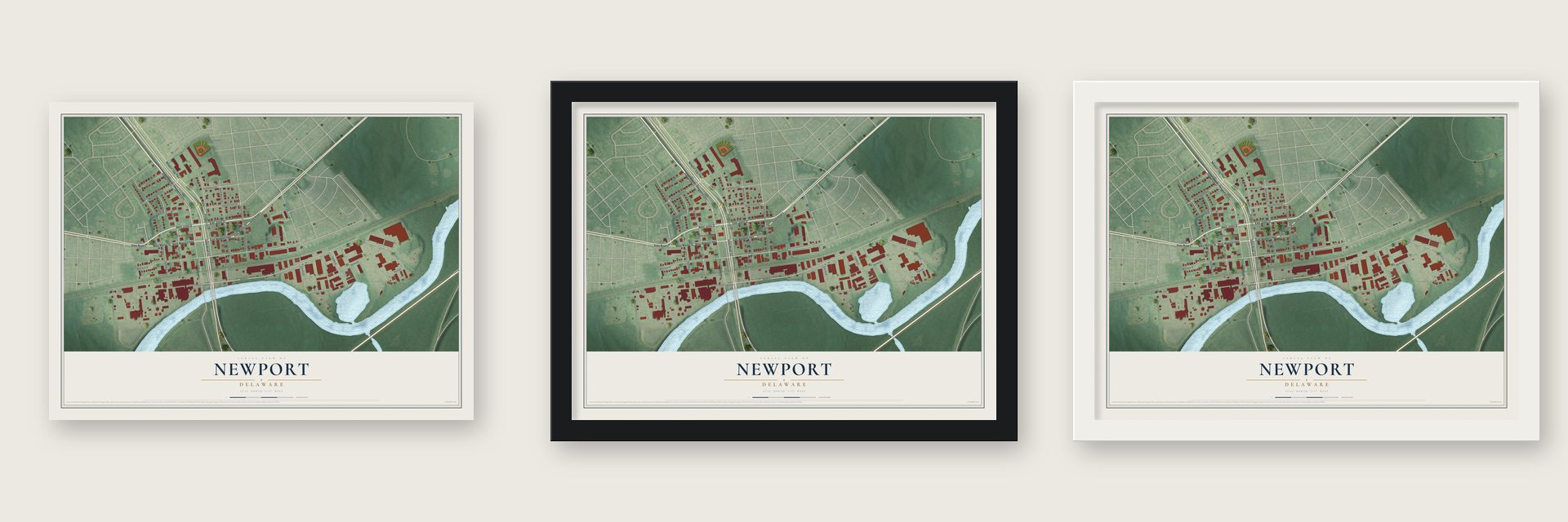 Newport, Delaware map unframed, in a black wood frame and in a white wood frame