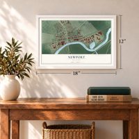 Newport, Delaware map, 12 x 18 inch print in a white frame in an entryway
