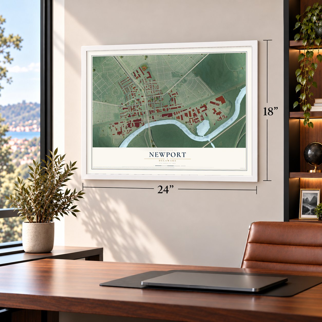 Newport, Delaware map, 18 x 24 inch print in a white frame in a home office