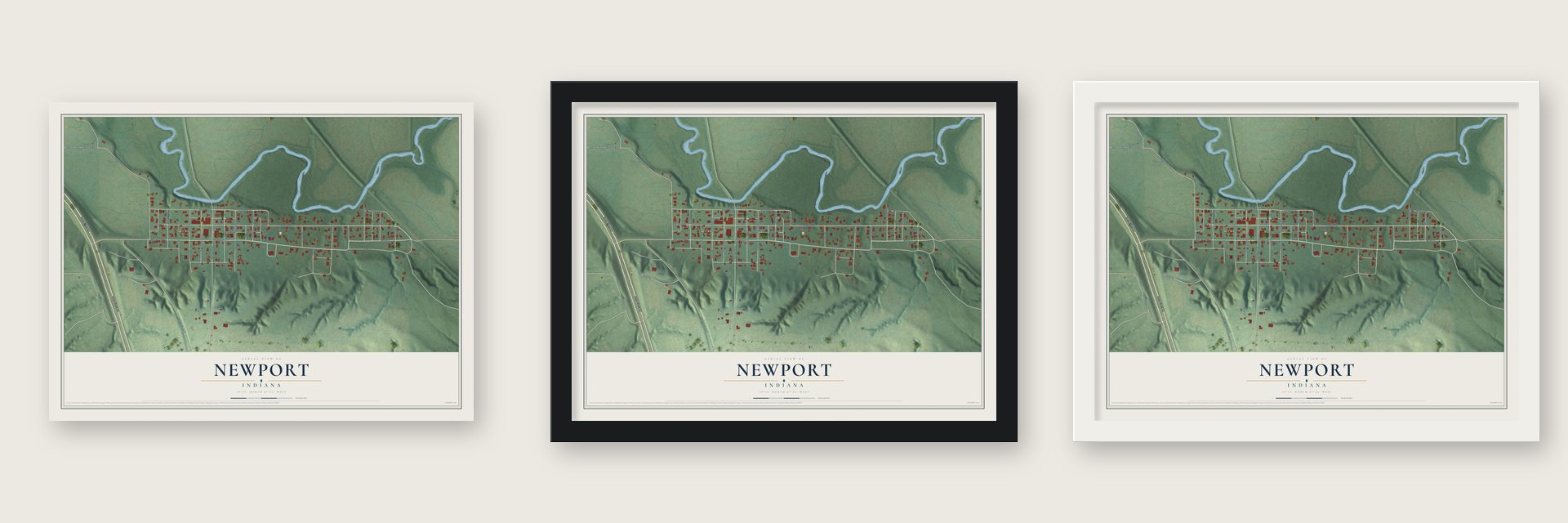 Newport, Indiana map unframed, in a black wood frame and in a white wood frame