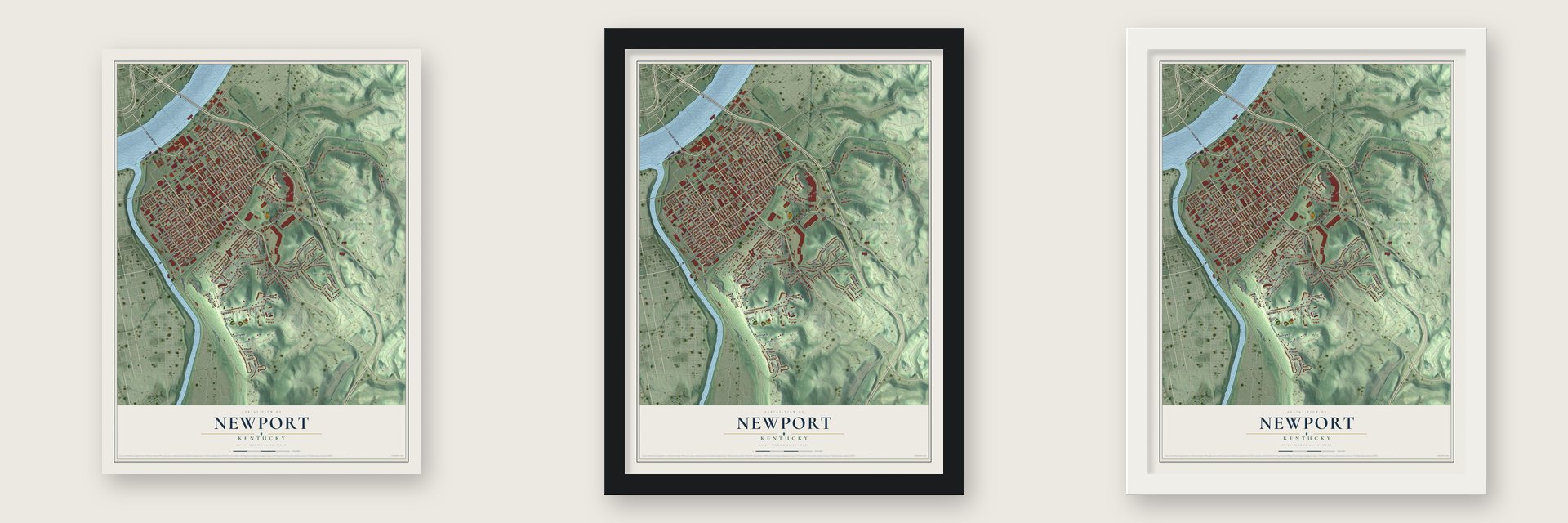 Newport, Kentucky map unframed, in a black wood frame and in a white wood frame