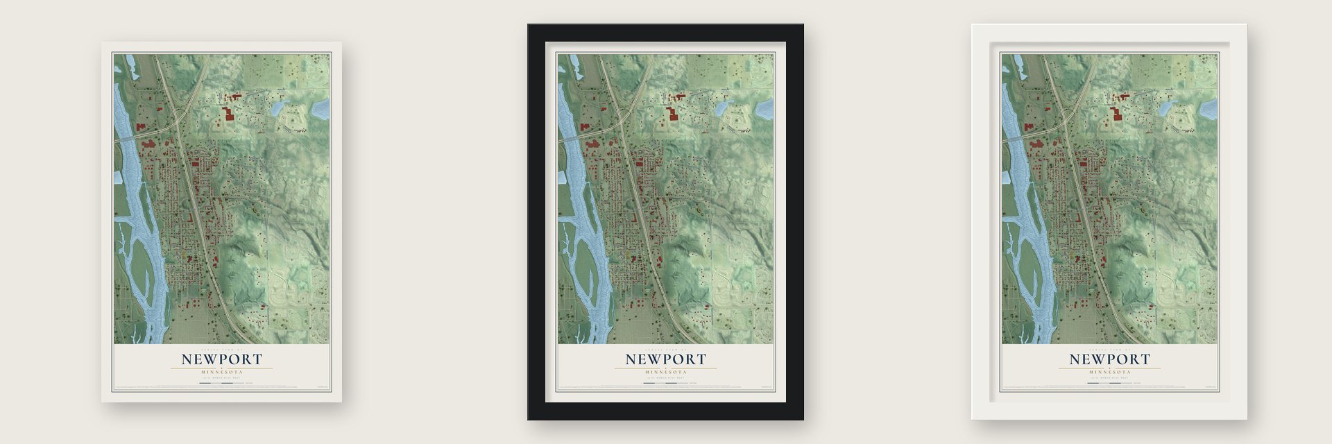 Newport, Minnesota map unframed, in a black wood frame and in a white wood frame