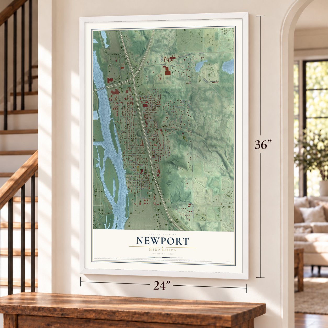 Newport, Minnesota map, 24 x 36 inch print in a white frame by a staircase