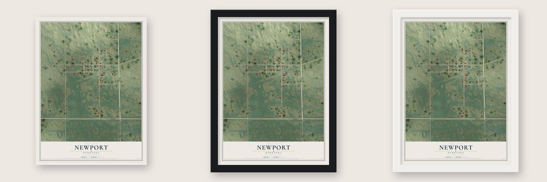 Newport, Nebraska map unframed, in a black wood frame and in a white wood frame