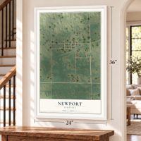 Newport, Nebraska map, 24 x 36 inch print in a white frame by a staircase