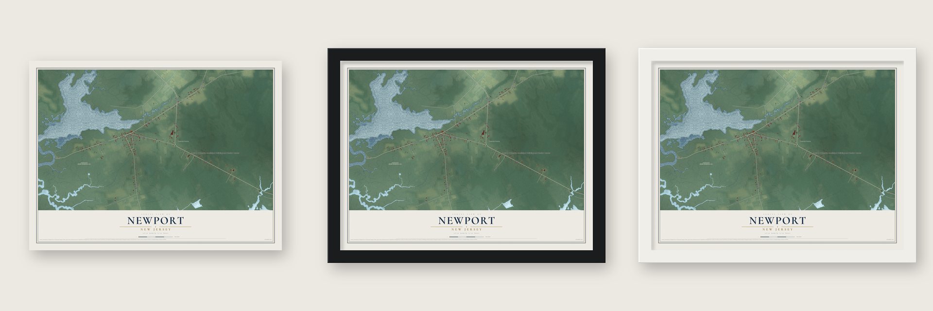 Newport, New Jersey map unframed, in a black wood frame and in a white wood frame