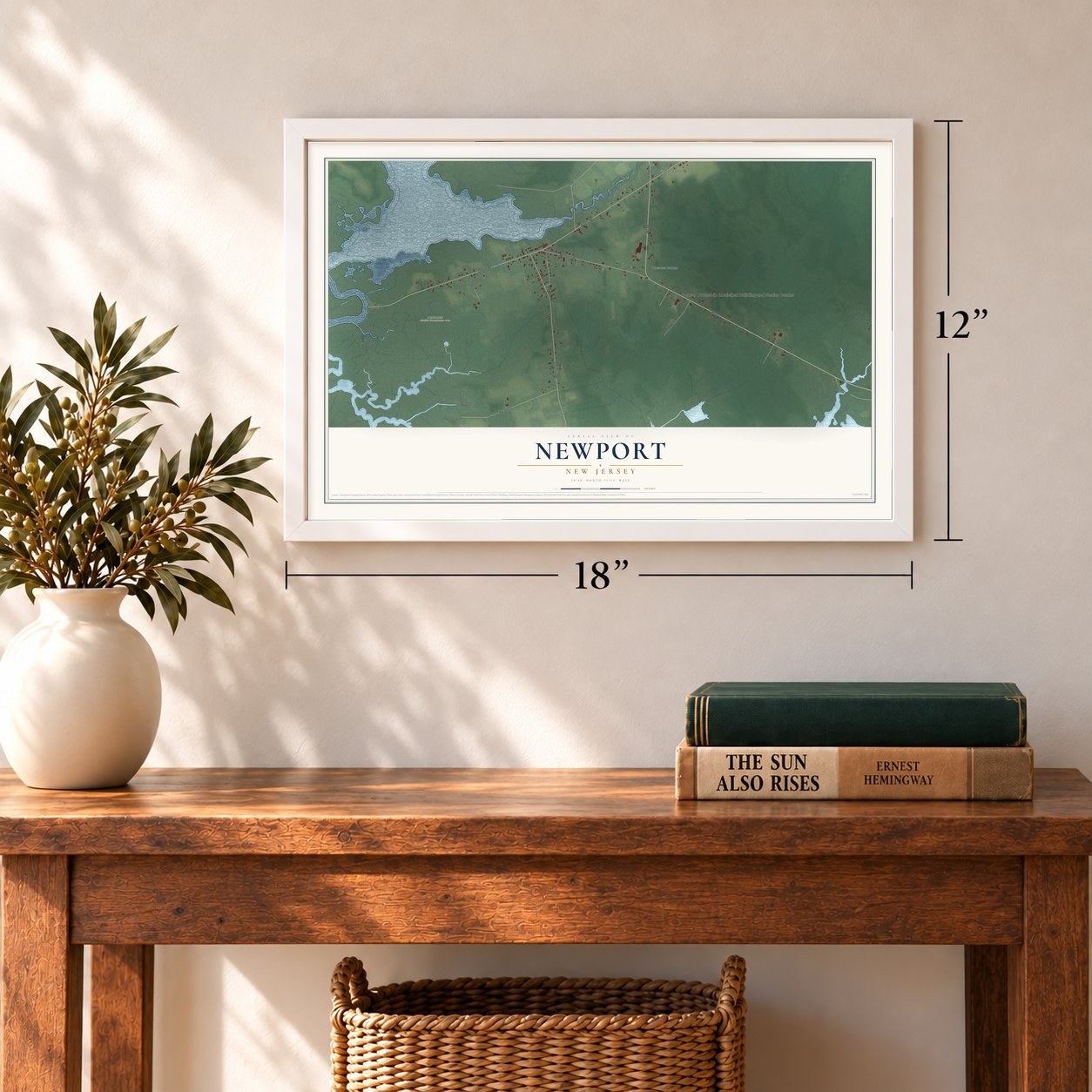 Newport, New Jersey map, 12 x 18 inch print in a white frame in an entryway