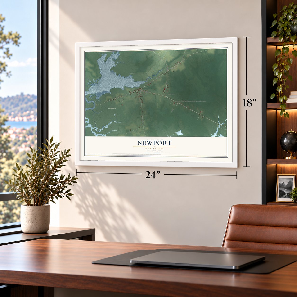 Newport, New Jersey map, 18 x 24 inch print in a white frame in a home office