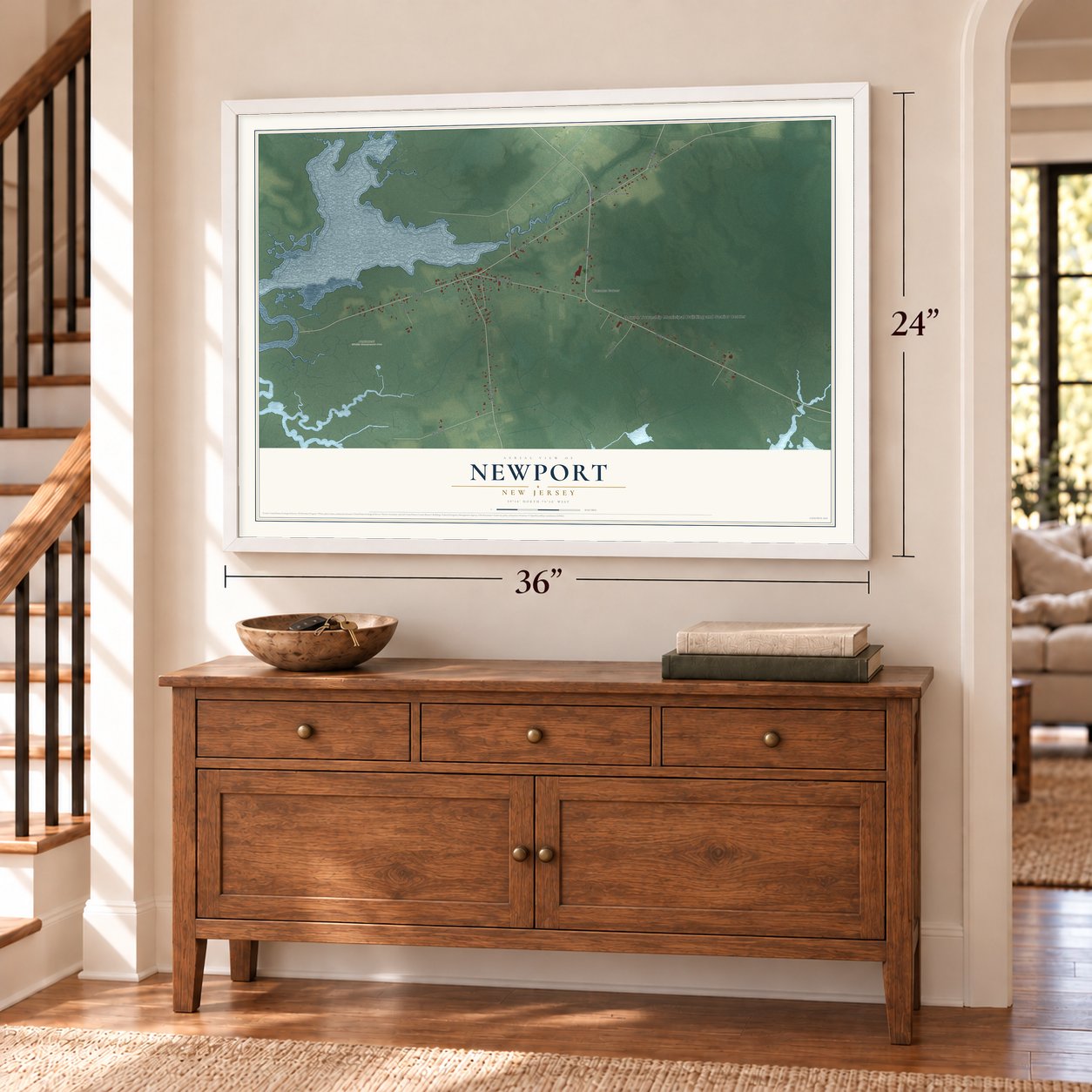 Newport, New Jersey map, 24 x 36 inch print in a white frame above a dresser by a staircase