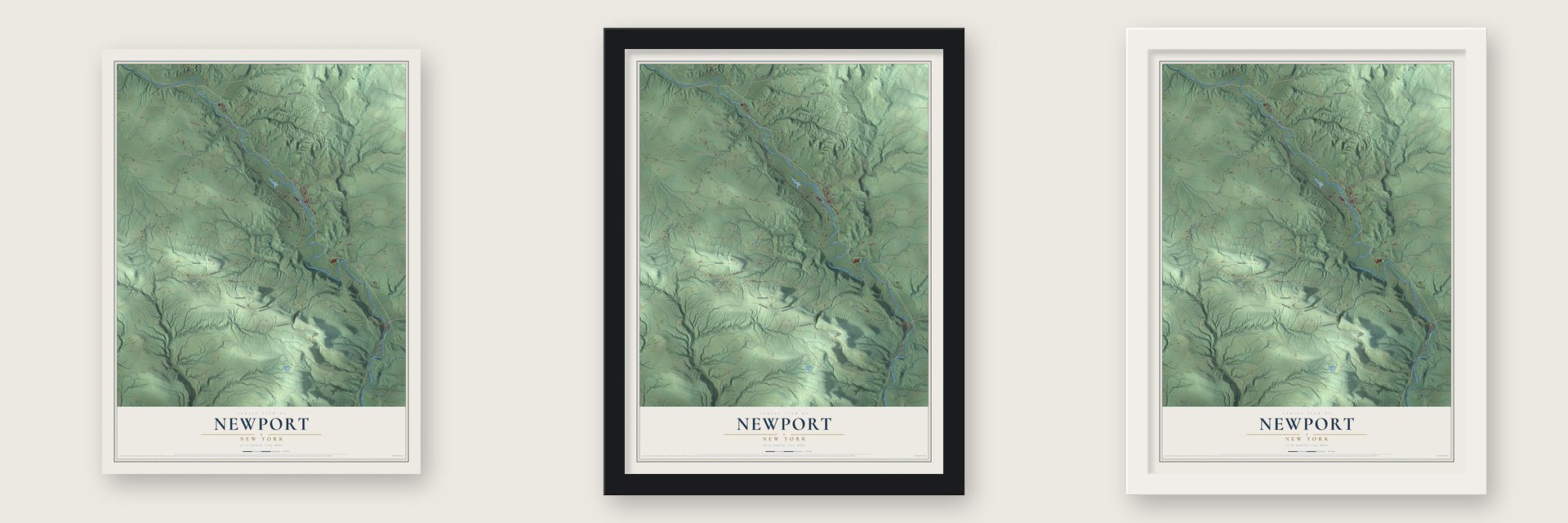 Newport, New York map unframed, in a black wood frame and in a white wood frame