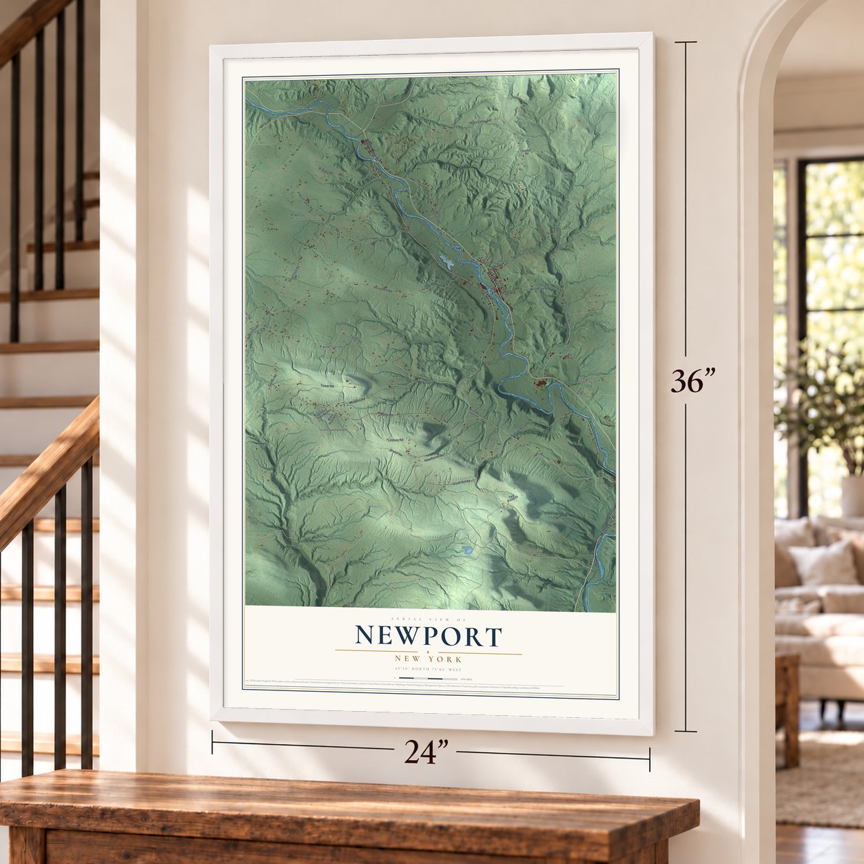 Newport, New York map, 24 x 36 inch print in a white frame by a staircase