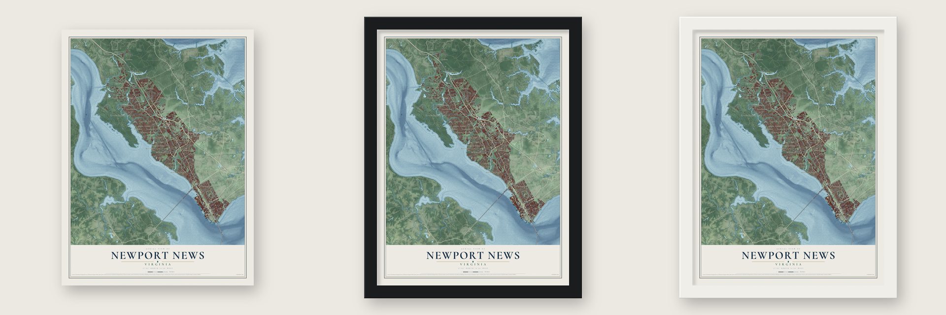 Newport News, Virginia map unframed, in a black wood frame and in a white wood frame