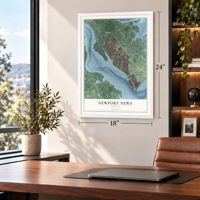 Newport News, Virginia map, 18 x 24 inch print in a white frame in a home office