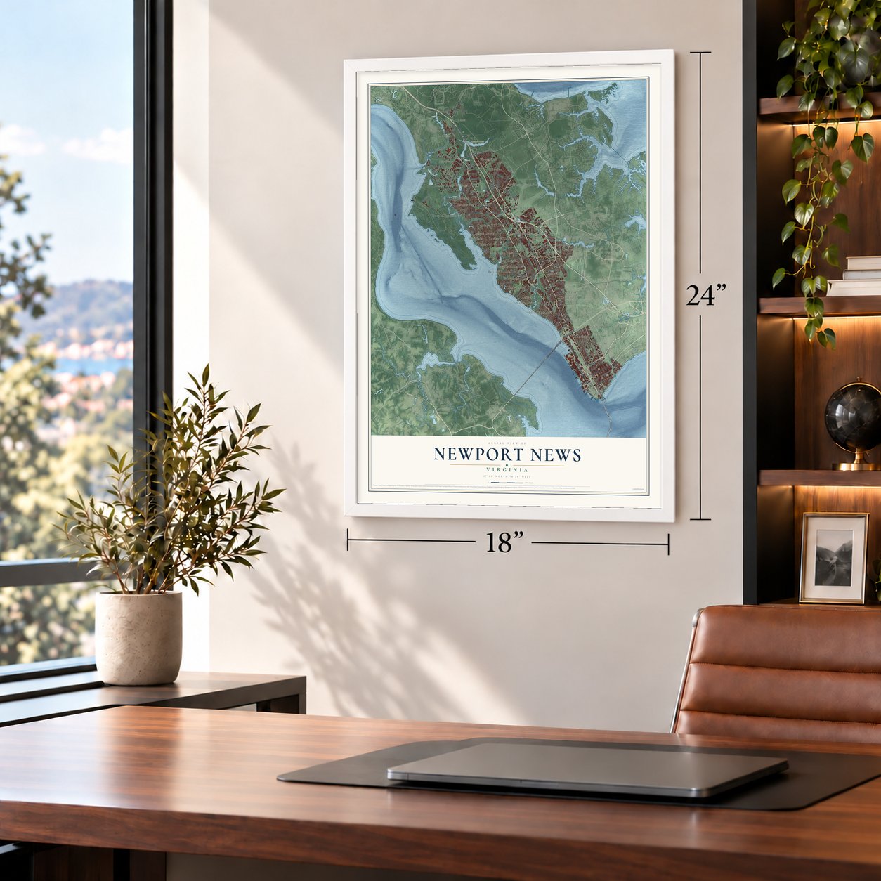 Newport News, Virginia map, 18 x 24 inch print in a white frame in a home office
