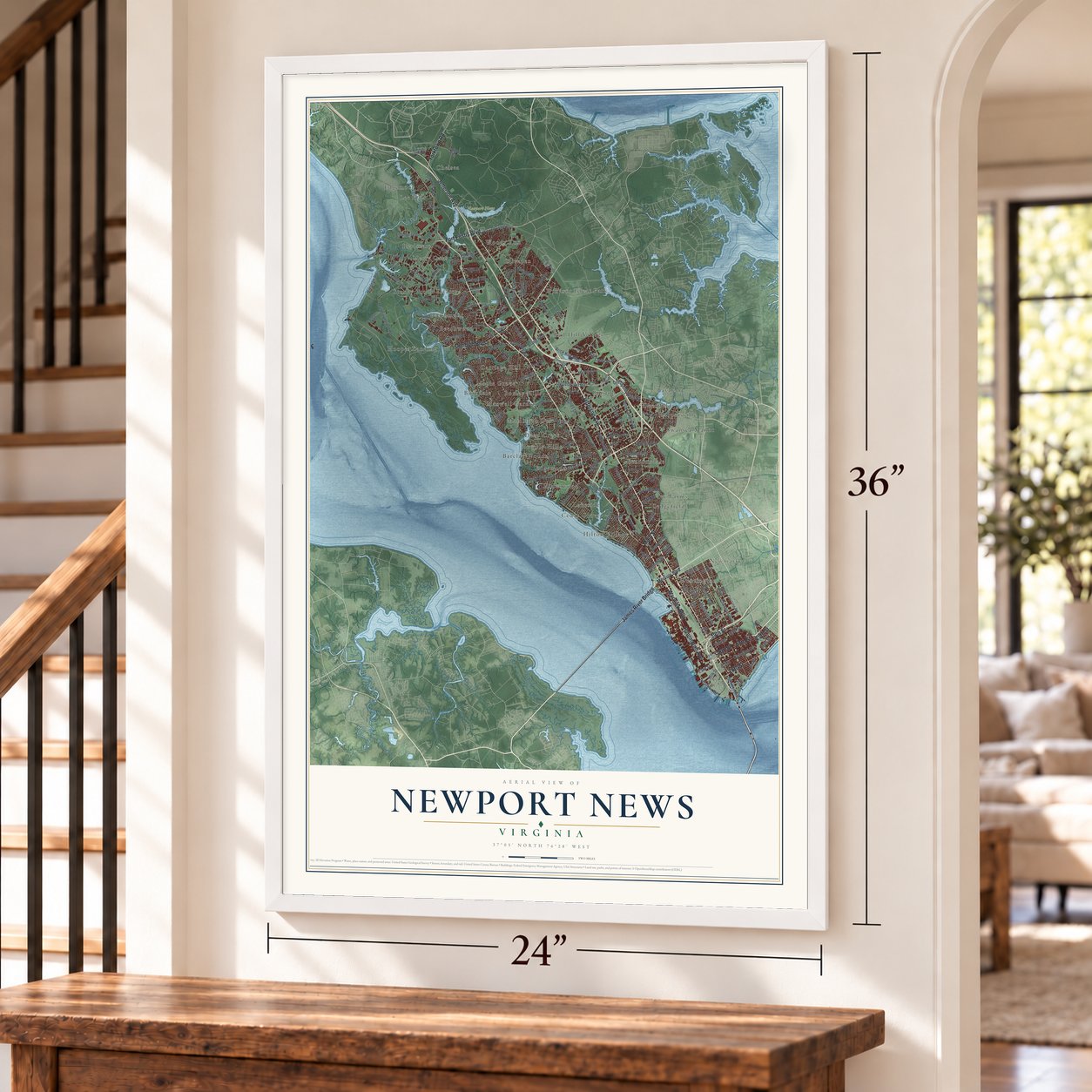 Newport News, Virginia map, 24 x 36 inch print in a white frame by a staircase