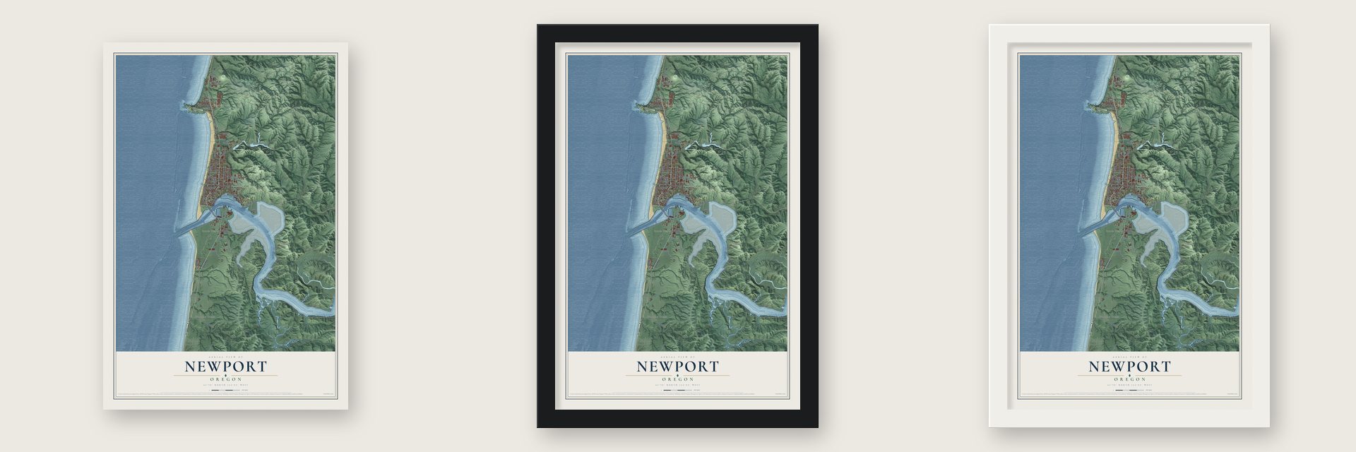 Newport, Oregon map unframed, in a black wood frame and in a white wood frame