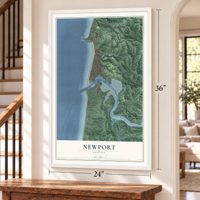 Newport, Oregon map, 24 x 36 inch print in a white frame by a staircase